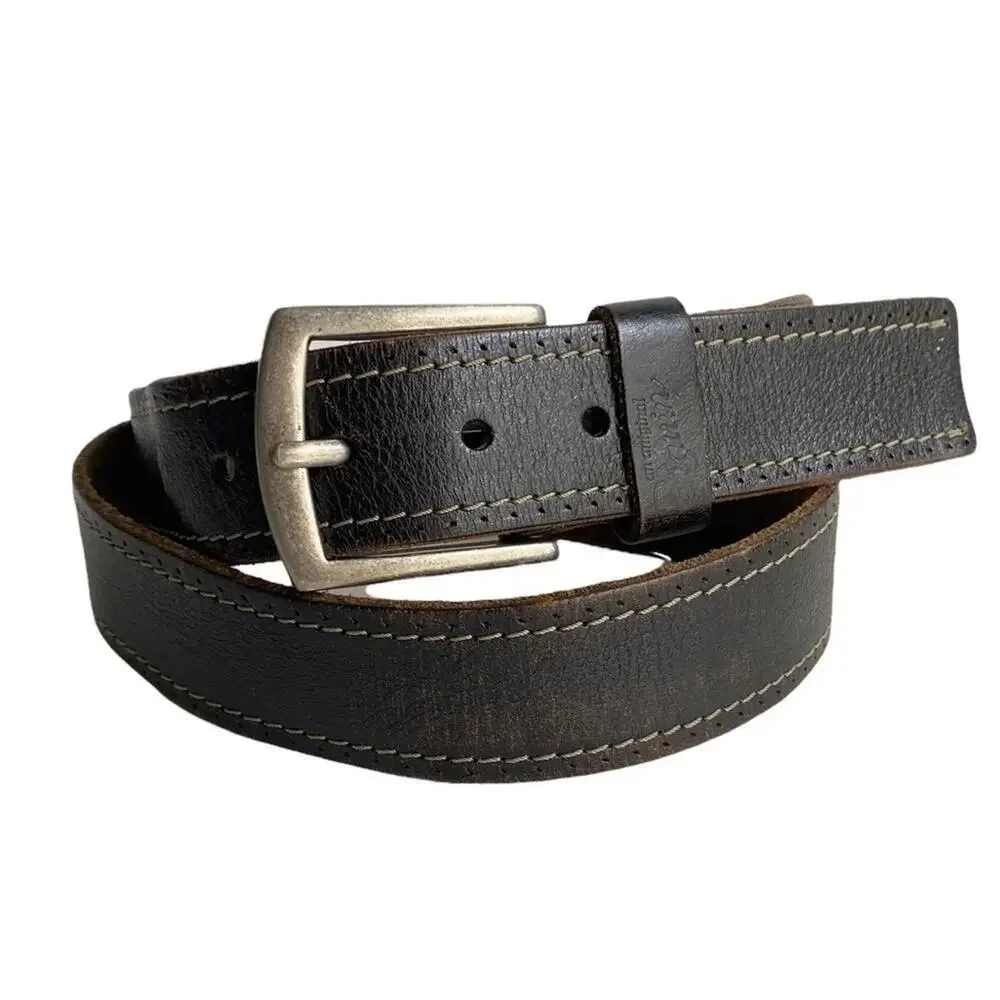 Original Penguin Dark Brown Leather Belt Silver‎ Buckle Distressed Mens 36